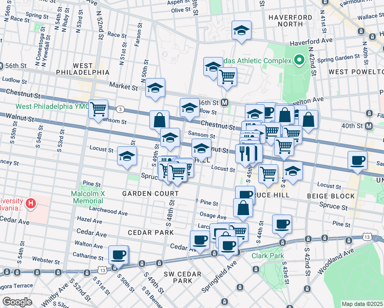map of restaurants, bars, coffee shops, grocery stores, and more near 220 South 47th Street in Philadelphia