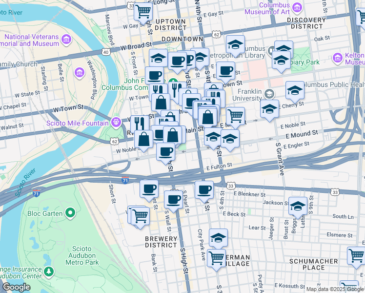 map of restaurants, bars, coffee shops, grocery stores, and more near 50 East Mound Street in Columbus
