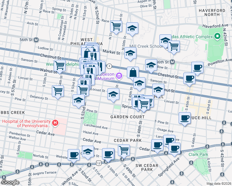 map of restaurants, bars, coffee shops, grocery stores, and more near Locust St & S 50th St in Philadelphia