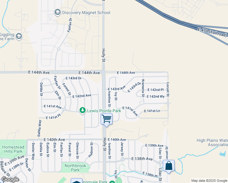 map of restaurants, bars, coffee shops, grocery stores, and more near 14285 Ivy Street in Thornton