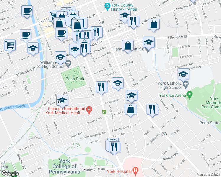 map of restaurants, bars, coffee shops, grocery stores, and more near 538 South Duke Street in York