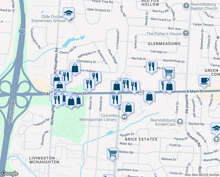 map of restaurants, bars, coffee shops, grocery stores, and more near 6302 East Main Street in Columbus