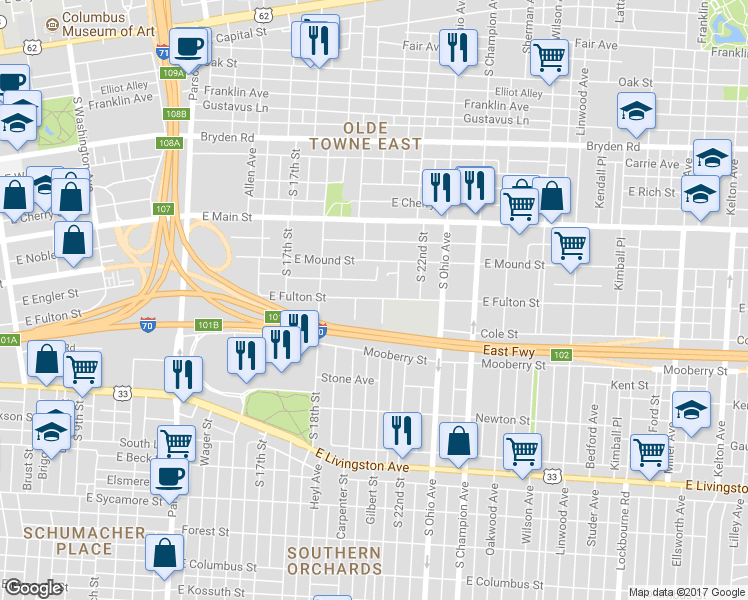 map of restaurants, bars, coffee shops, grocery stores, and more near 929 E Fulton St in Columbus