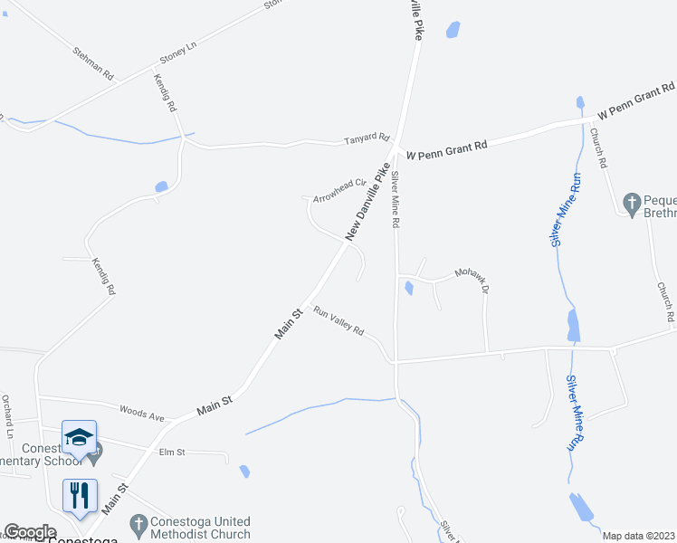 map of restaurants, bars, coffee shops, grocery stores, and more near 2315 New Danville Pike in Conestoga