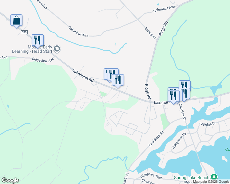 map of restaurants, bars, coffee shops, grocery stores, and more near 522 Lakehurst Road in Pemberton Township