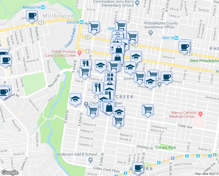 map of restaurants, bars, coffee shops, grocery stores, and more near 6008 Pine Street in Philadelphia