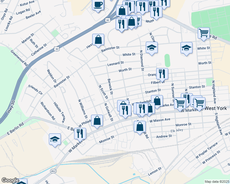 map of restaurants, bars, coffee shops, grocery stores, and more near 2014 Filbert Street in York