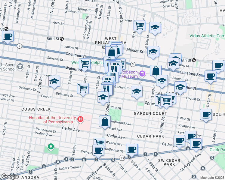 map of restaurants, bars, coffee shops, grocery stores, and more near 5210 Irving Street in Philadelphia