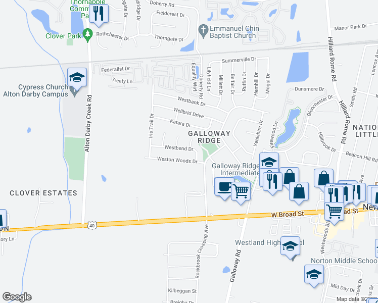 map of restaurants, bars, coffee shops, grocery stores, and more near 5901 Westbend Drive in Galloway