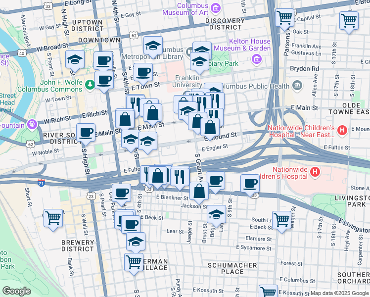 map of restaurants, bars, coffee shops, grocery stores, and more near 389 South Grant Avenue in Columbus