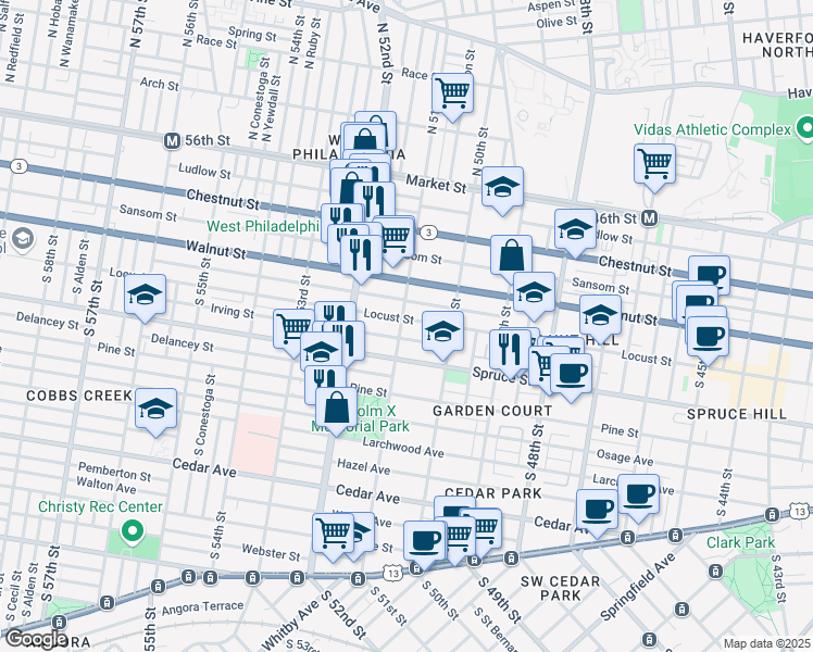 map of restaurants, bars, coffee shops, grocery stores, and more near 5048 Locust Street in Philadelphia