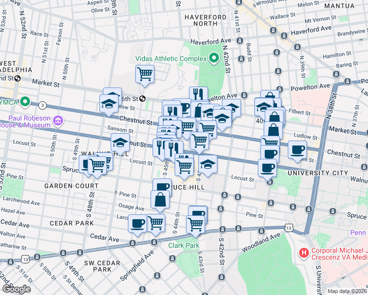 map of restaurants, bars, coffee shops, grocery stores, and more near 140 South 44th Street in Philadelphia