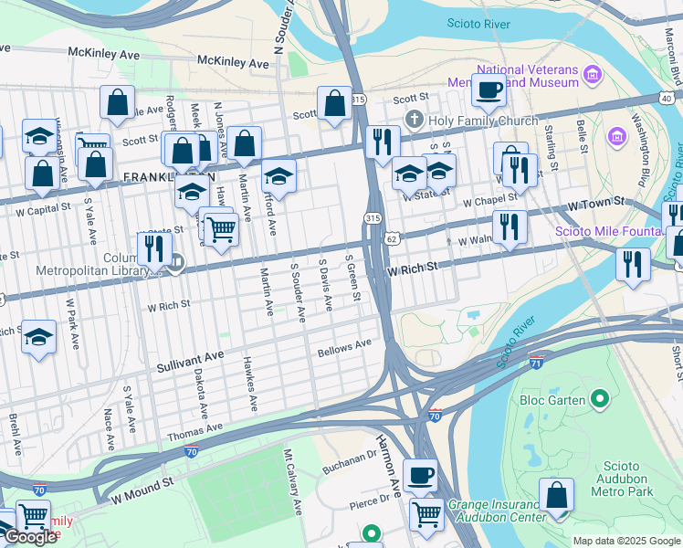 map of restaurants, bars, coffee shops, grocery stores, and more near 204 South Davis Avenue in Columbus