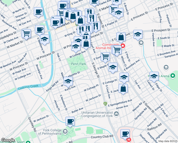 map of restaurants, bars, coffee shops, grocery stores, and more near 35 West Maple Street in York