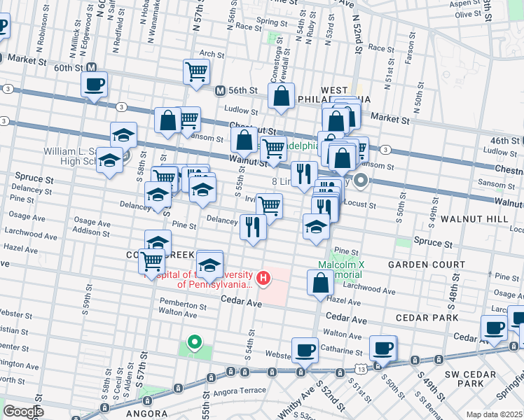 map of restaurants, bars, coffee shops, grocery stores, and more near 5441 Spruce Street in Philadelphia