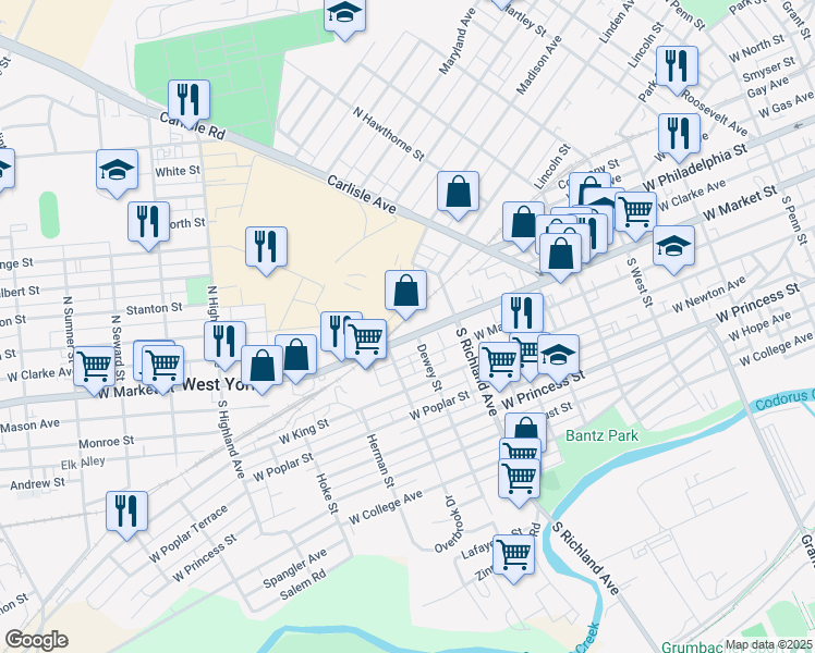 map of restaurants, bars, coffee shops, grocery stores, and more near 1059 West Market Street in York