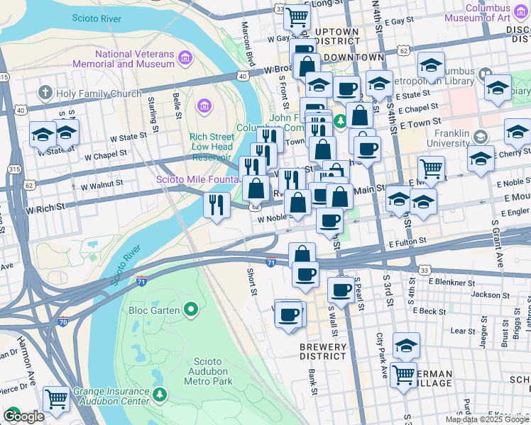 map of restaurants, bars, coffee shops, grocery stores, and more near 139 West Main Street in Columbus