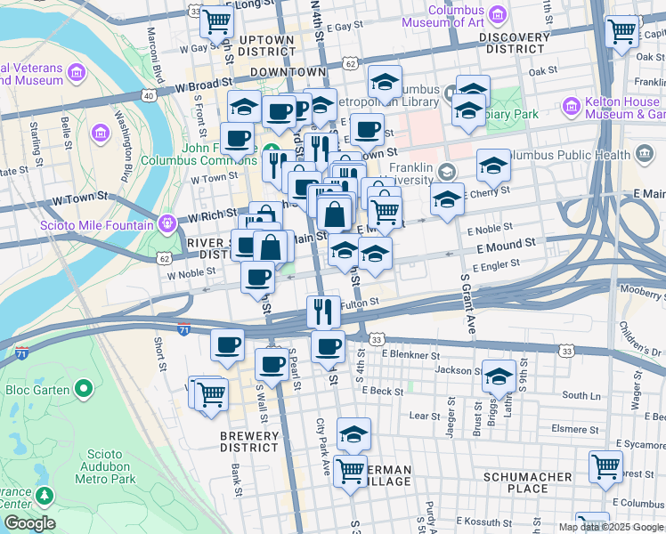 map of restaurants, bars, coffee shops, grocery stores, and more near 120 East Mound Street in Columbus
