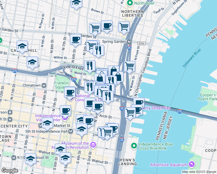 map of restaurants, bars, coffee shops, grocery stores, and more near 210 Locust Street in Philadelphia