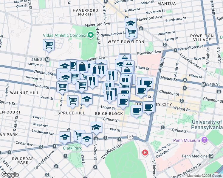 map of restaurants, bars, coffee shops, grocery stores, and more near 4065 Sansom Street in Philadelphia