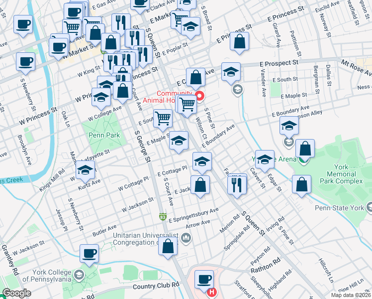 map of restaurants, bars, coffee shops, grocery stores, and more near 549 McKenzie Street in York