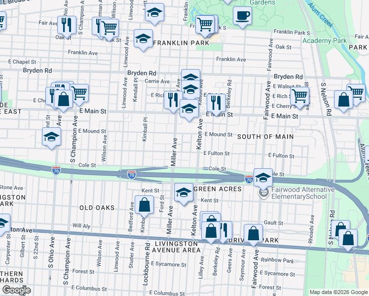 map of restaurants, bars, coffee shops, grocery stores, and more near 536 Miller Avenue in Columbus