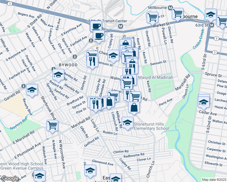 map of restaurants, bars, coffee shops, grocery stores, and more near 301 Richfield Road in Upper Darby