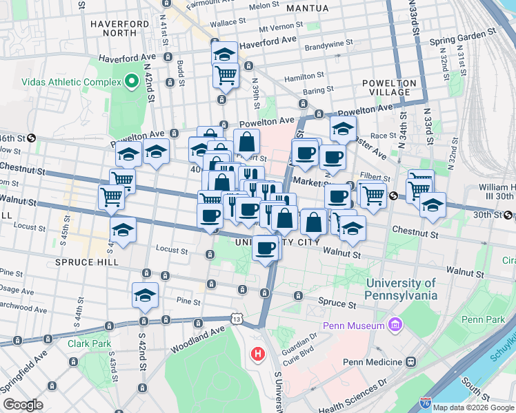 map of restaurants, bars, coffee shops, grocery stores, and more near Chestnut St & S 39th St in Philadelphia