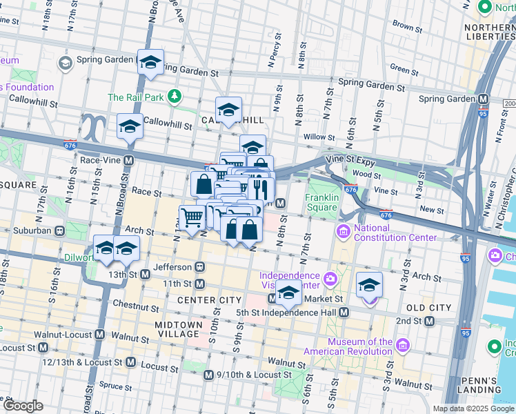map of restaurants, bars, coffee shops, grocery stores, and more near 202 North 9th Street in Philadelphia