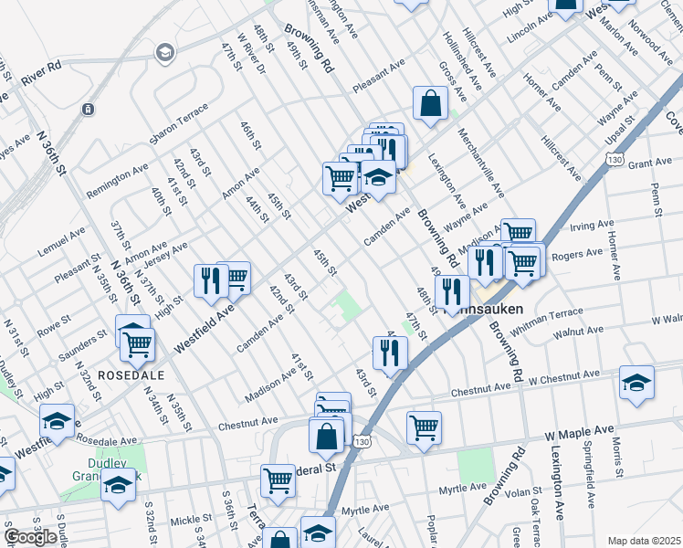 map of restaurants, bars, coffee shops, grocery stores, and more near 4504 Camden Avenue in Pennsauken Township