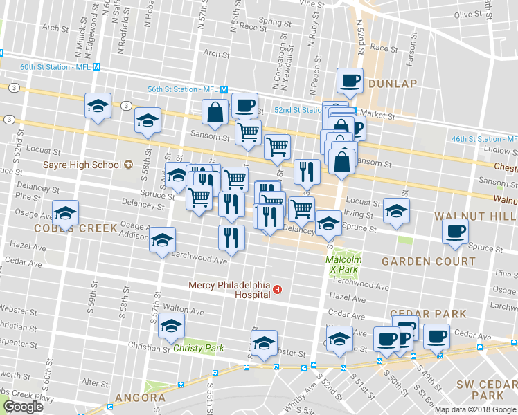 map of restaurants, bars, coffee shops, grocery stores, and more near 5429 Spruce Street in Philadelphia