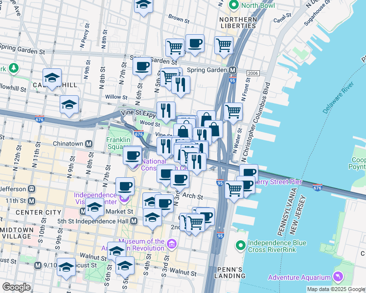 map of restaurants, bars, coffee shops, grocery stores, and more near 244-48 North 3rd Street in Philadelphia
