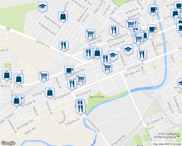 map of restaurants, bars, coffee shops, grocery stores, and more near 712 W King St in York