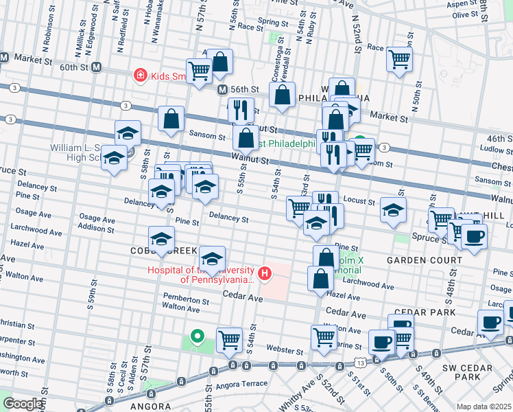 map of restaurants, bars, coffee shops, grocery stores, and more near 5431 Spruce Street in Philadelphia