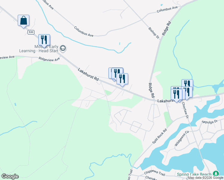 map of restaurants, bars, coffee shops, grocery stores, and more near 6 Quail Run Road in Pemberton Township