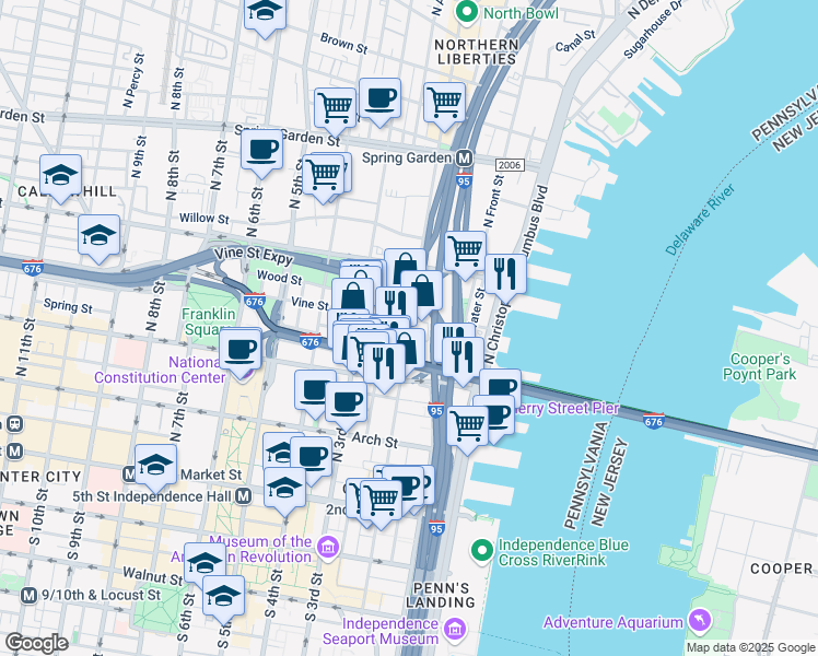 map of restaurants, bars, coffee shops, grocery stores, and more near 154 Vine Street in Philadelphia