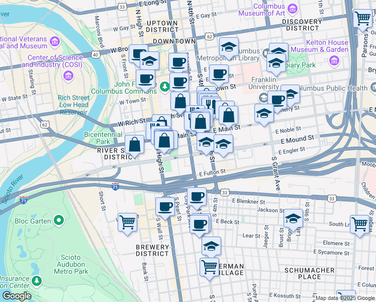 map of restaurants, bars, coffee shops, grocery stores, and more near in Columbus