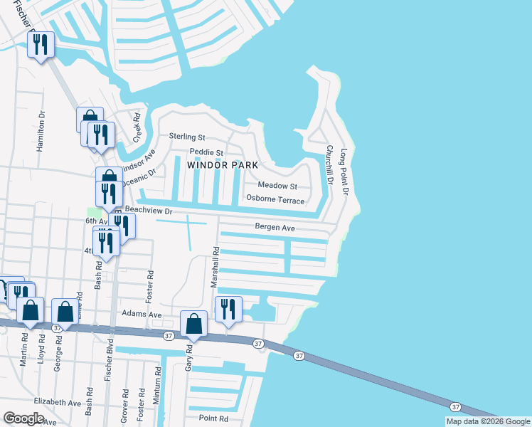 map of restaurants, bars, coffee shops, grocery stores, and more near 3220 Beachview Drive in Toms River