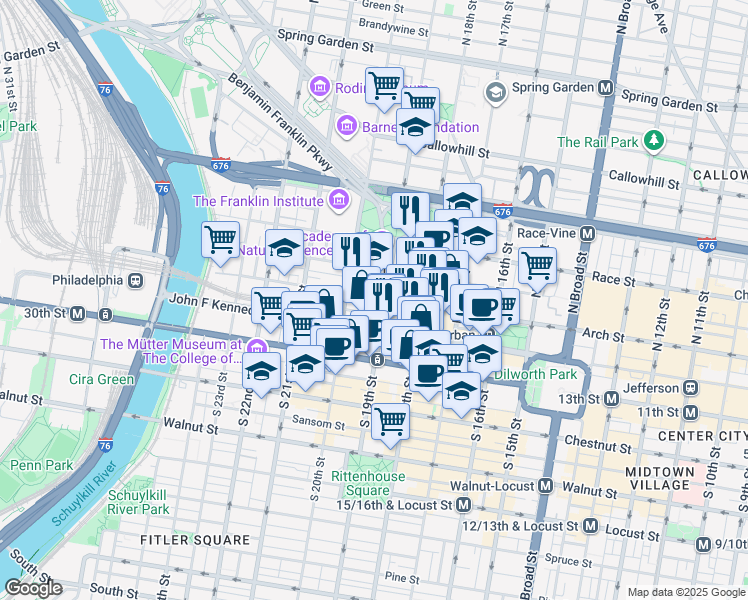 map of restaurants, bars, coffee shops, grocery stores, and more near 1900 Arch Street in Philadelphia