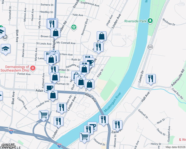 map of restaurants, bars, coffee shops, grocery stores, and more near 1329 Central Avenue in Zanesville
