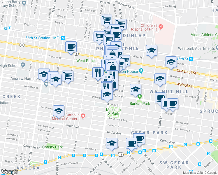 map of restaurants, bars, coffee shops, grocery stores, and more near 260 South 52nd Street in Philadelphia