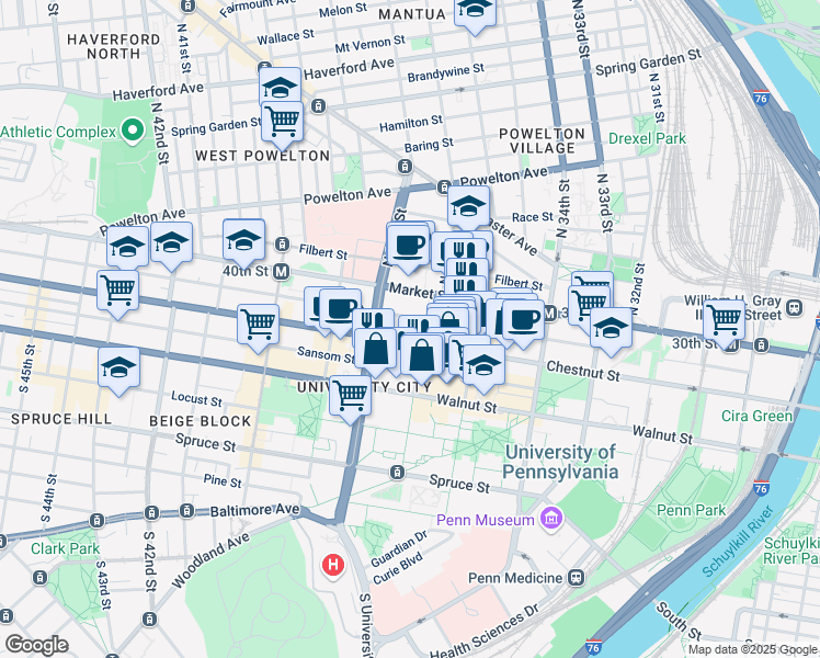 map of restaurants, bars, coffee shops, grocery stores, and more near 3717 Chestnut Street in Philadelphia