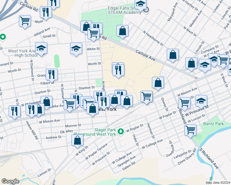 map of restaurants, bars, coffee shops, grocery stores, and more near 1309 West Philadelphia Street in West York