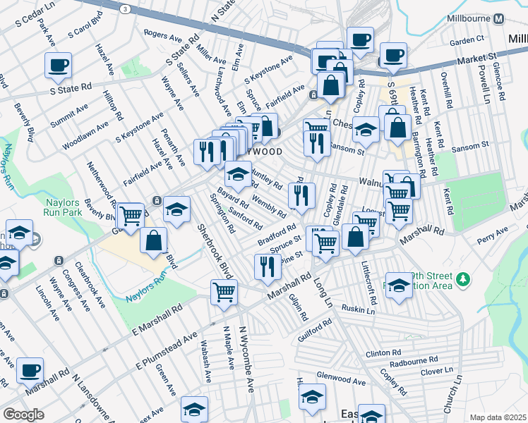 map of restaurants, bars, coffee shops, grocery stores, and more near 245 Bayard Road in Delaware County