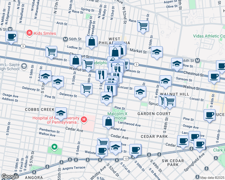 map of restaurants, bars, coffee shops, grocery stores, and more near 260 South 52nd Street in Philadelphia