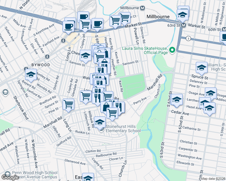 map of restaurants, bars, coffee shops, grocery stores, and more near 229 Barrington Road in Delaware County