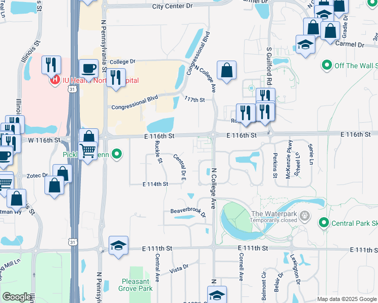 map of restaurants, bars, coffee shops, grocery stores, and more near 11411 Central Court in Carmel