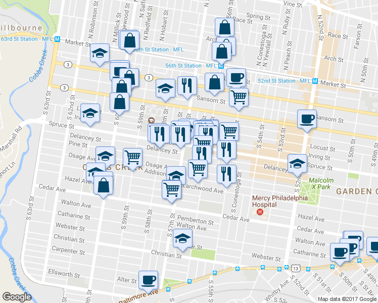 map of restaurants, bars, coffee shops, grocery stores, and more near 5634 Spruce Street in Philadelphia