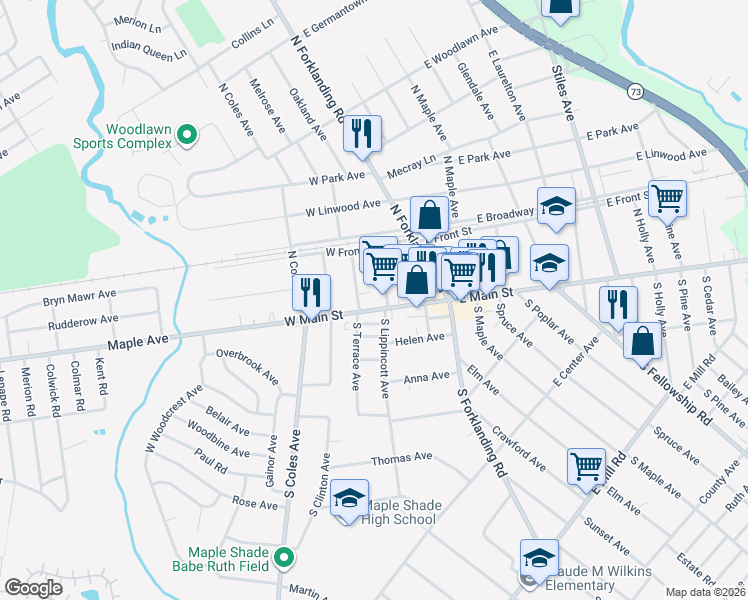 map of restaurants, bars, coffee shops, grocery stores, and more near 105 West Main Street in Maple Shade