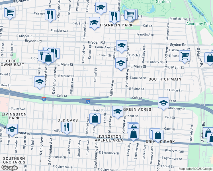 map of restaurants, bars, coffee shops, grocery stores, and more near 1382 East Fulton Street in Columbus